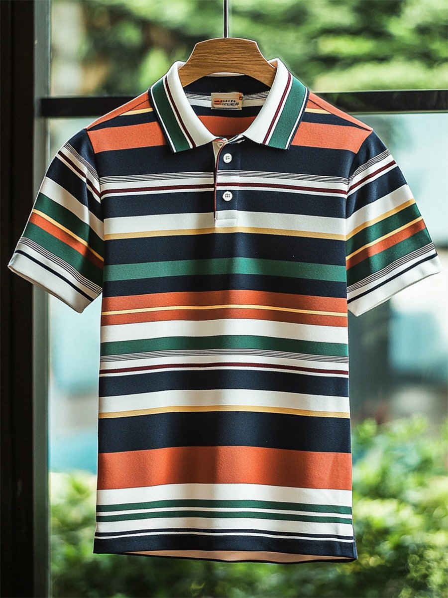 Camisa polo ejecutivo casual a rayas Button de manga corta para hombre