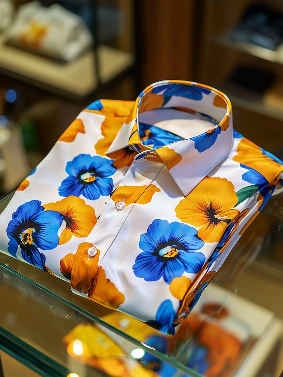 Camisa satén Luxe hawaiano estampado de manga corta Button para hombre