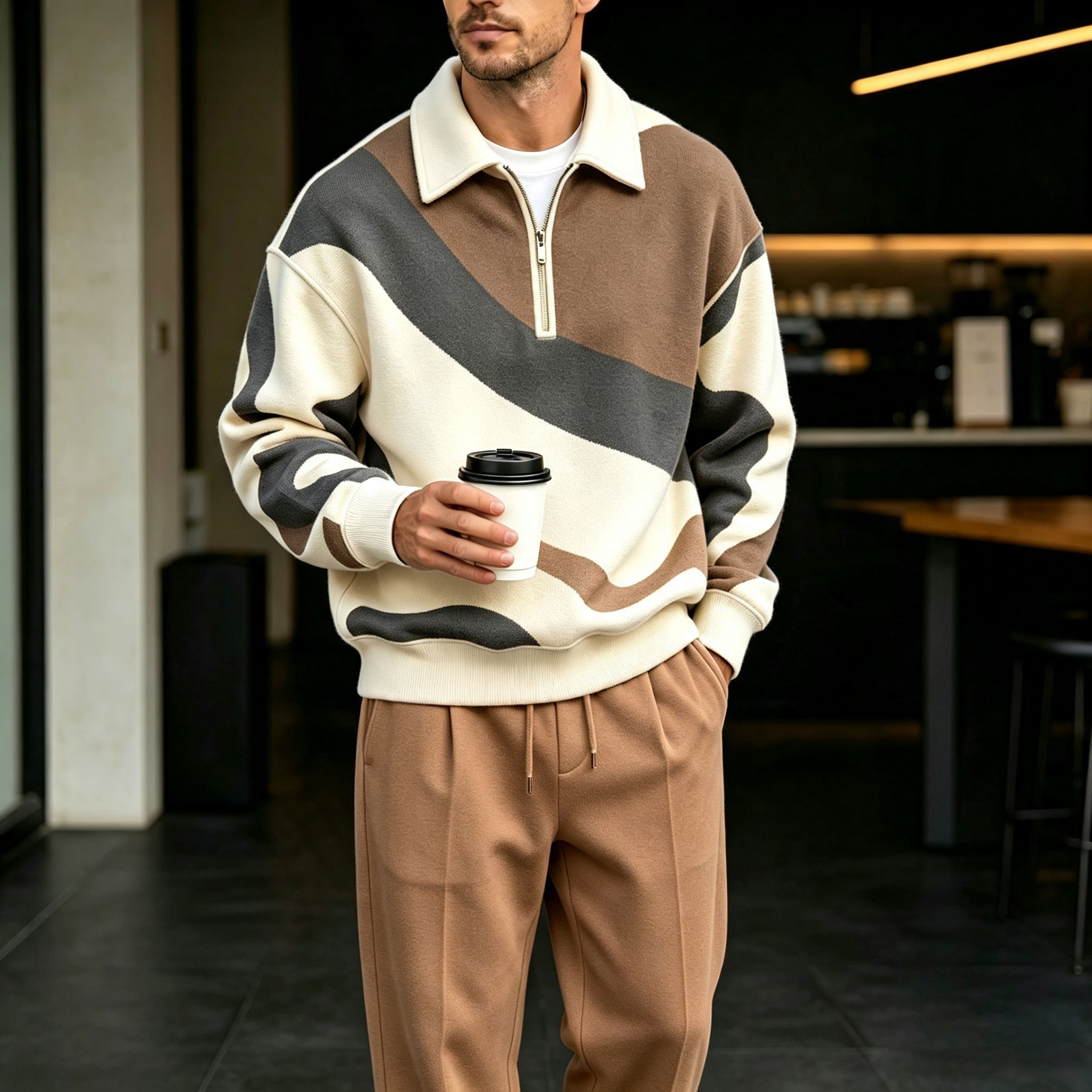 para hombre Multi-en bloques de colored Zipper camisa polo and pantalón Set
