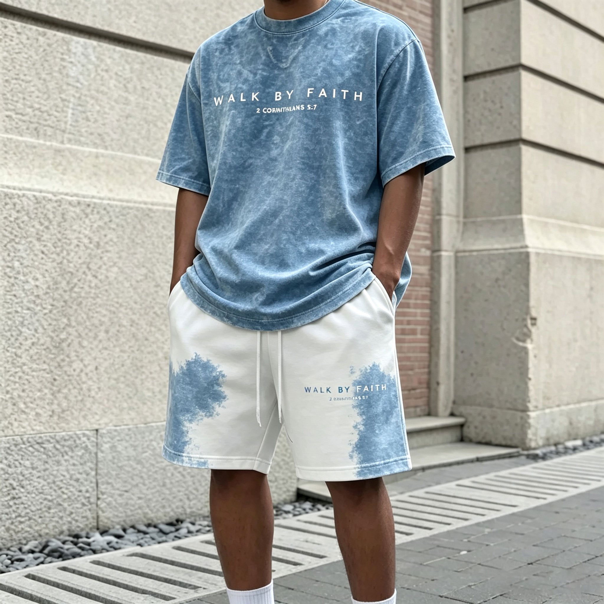 Conjunto de dos piezas casual Letter-estampado Round-Neck de manga corta camiseta and shorts para hombre