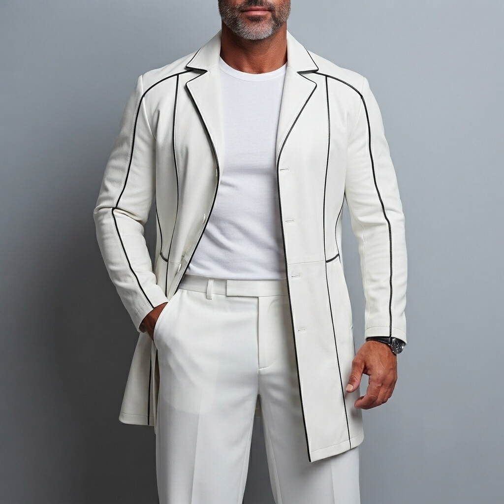 para hombre White PU Leather Notched Lapel Contrast Piping de manga larga Mid鈥怢ong Single Breasted Trench Coat
