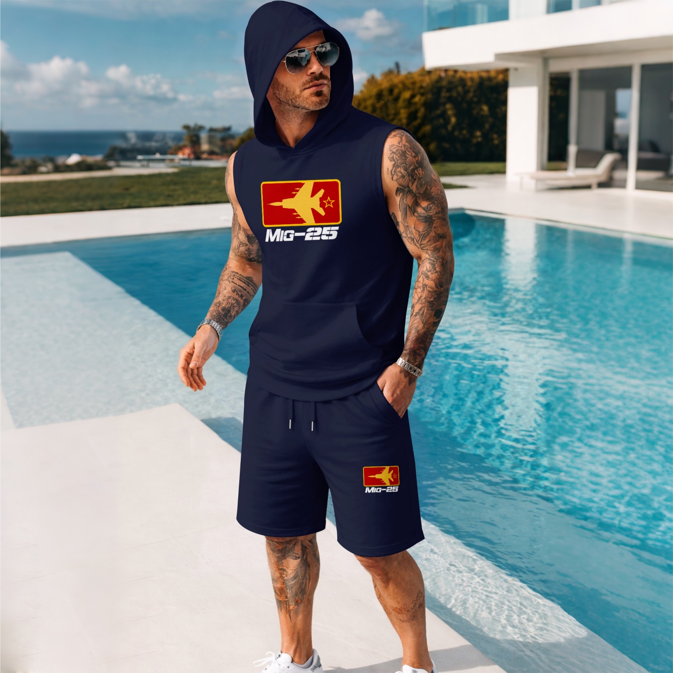 Sudadera con capucha Two-Piece Summer Set – Sleeveless & shorts, Fighter Jet Graphic estampado, casual Streetwear, Athletic Activewear, Summer para exterior Gym Outfit, TikTok Trending Style para hombre