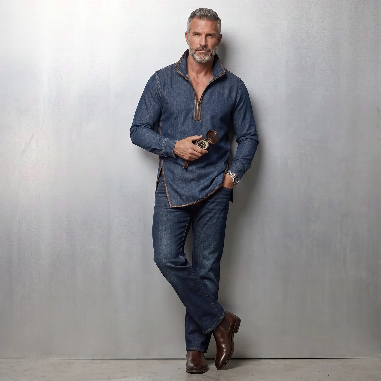 para hombre Denim Stand Collar Contrast PU Leather Trim Side Slit Half Zip de corte entallado Sweacamiseta