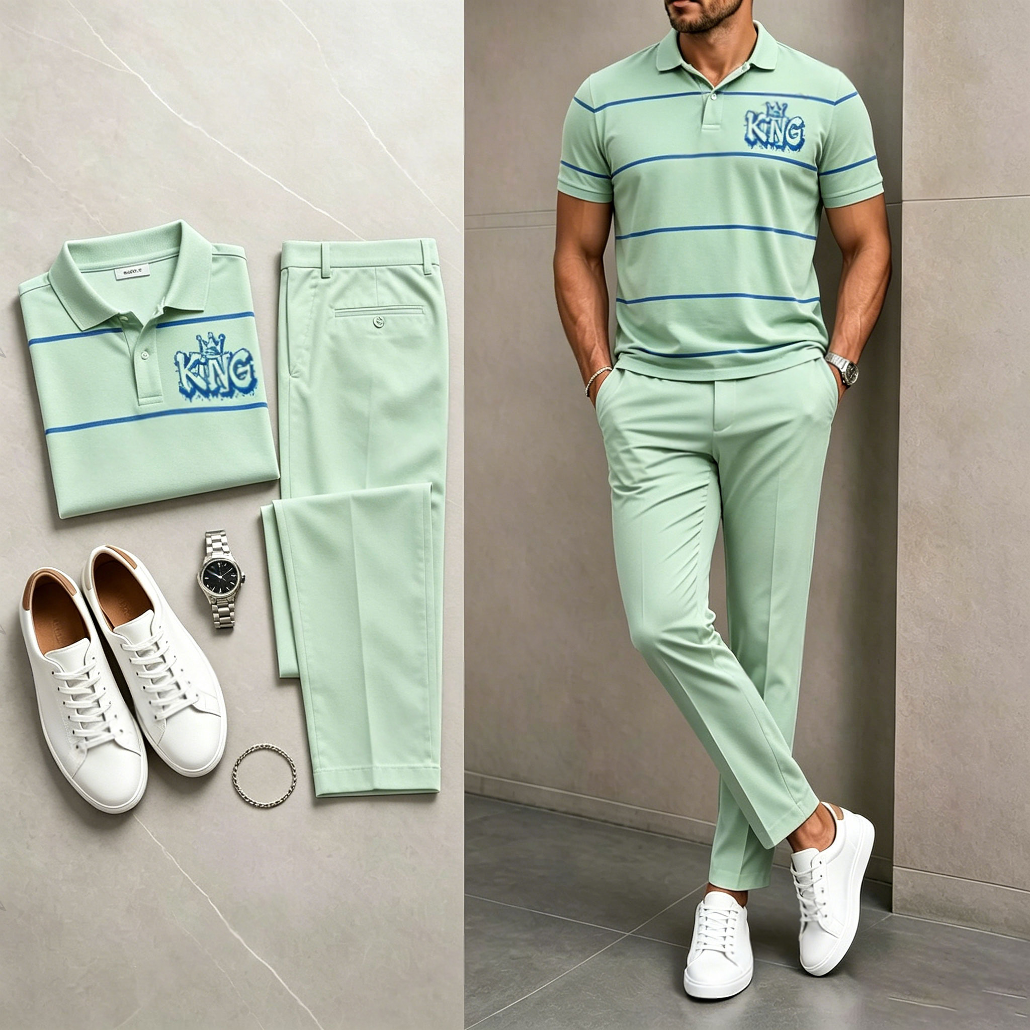 Conjunto de dos piezas casual Light Green estampado camisa polo And pantalón para hombre