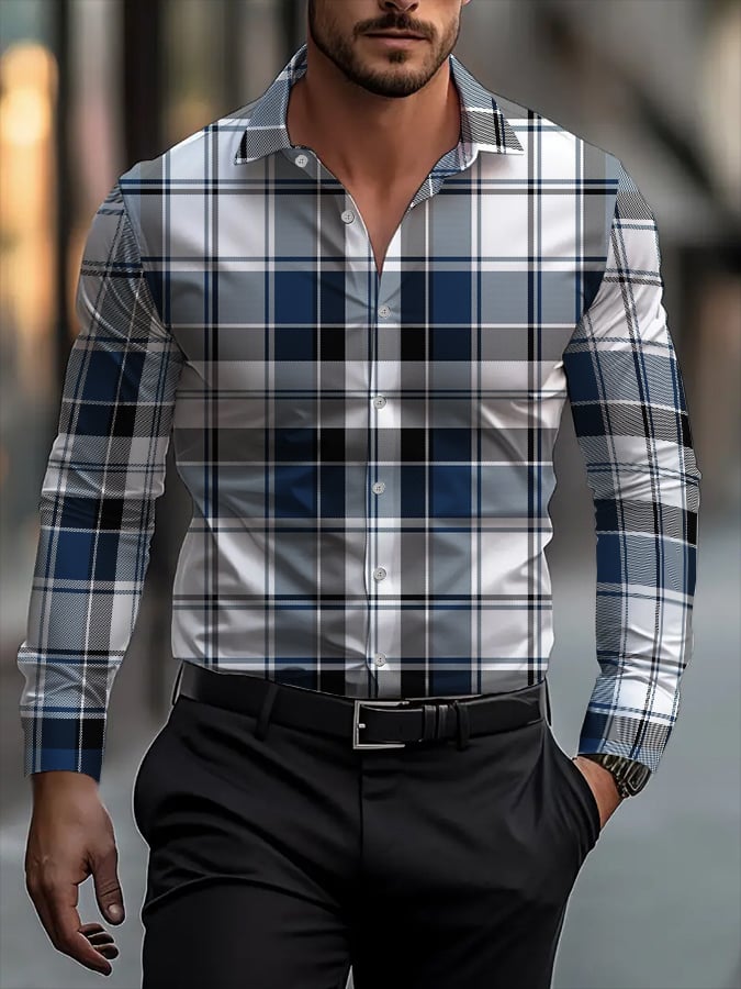Camisa retro a cuadros de moda de manga larga solapa para hombre