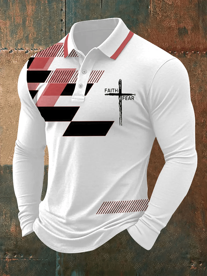 Camisa polo vintage Faith“Faith Over Fear” estampado casual de manga larga para hombre