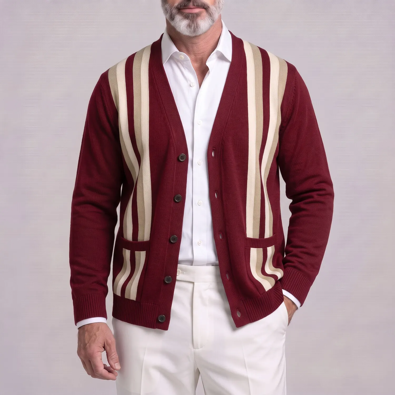 para hombre clásico Contrast a rayas V Neck Single Breasted Patch Pockets tejidoted Cardigan