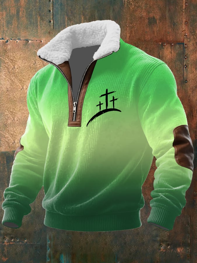 Sudadera vintage Faith estampado Zip Fur cuello de manga larga texturizado para hombre