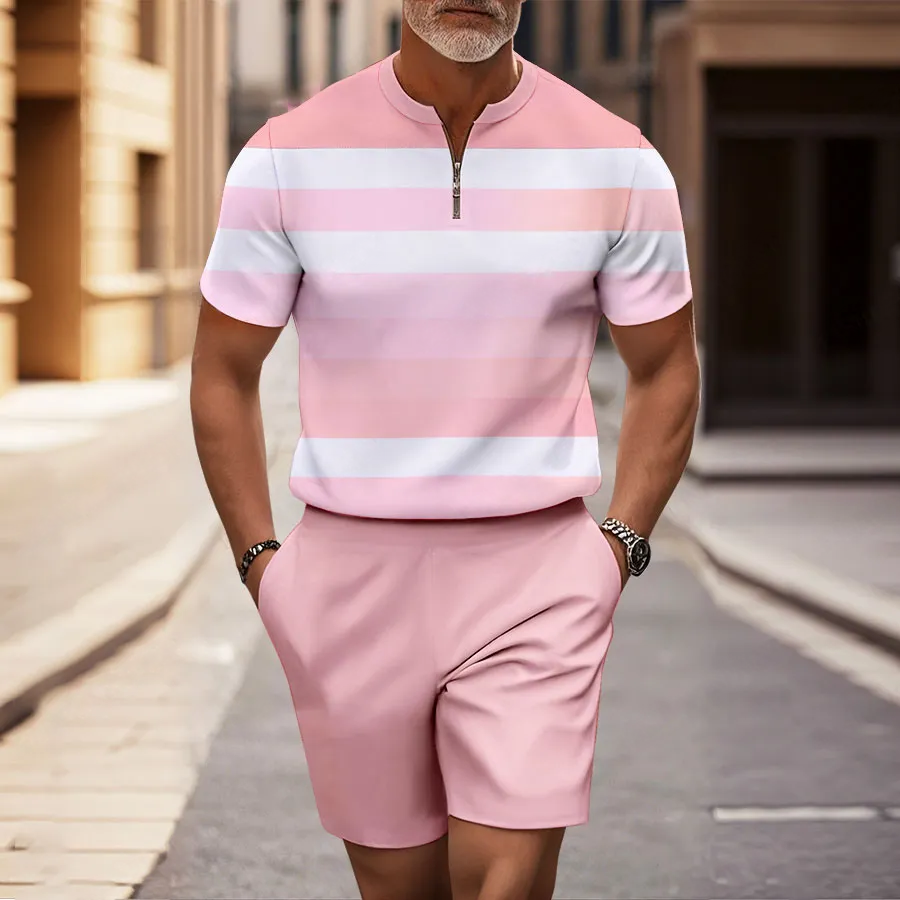 Conjunto de dos piezas casual Pink & White Geometric Half-Zip de manga corta camisa And shorts para hombre