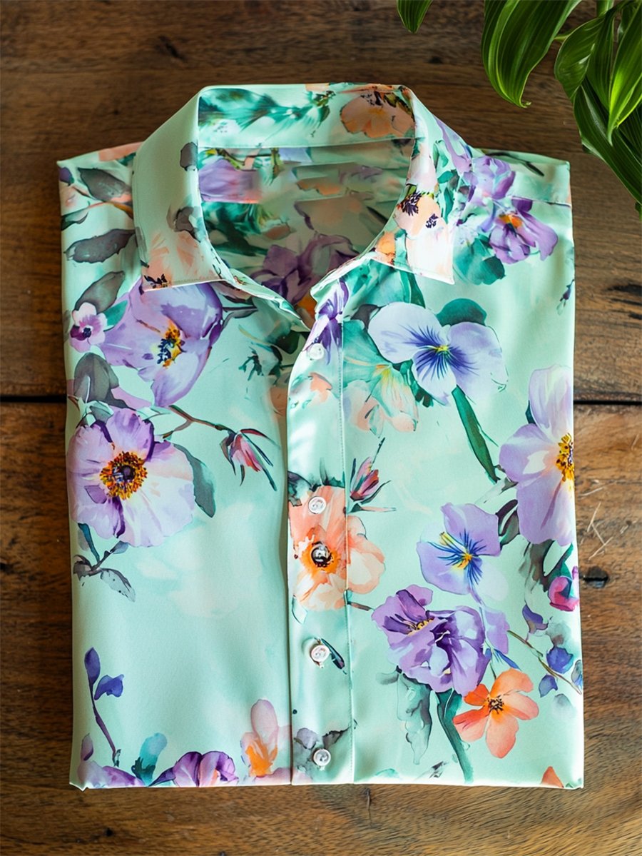 Camisa satén Luxe hawaiano estampado de manga corta Button para hombre