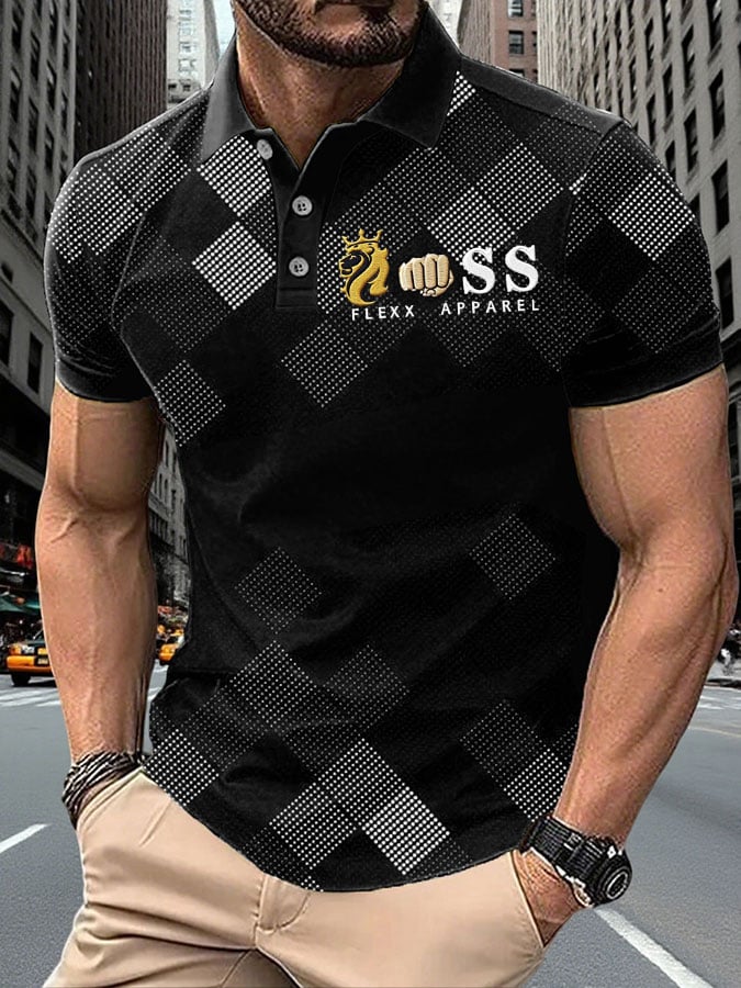 Camisa polo retro Letter Design estampado casual para hombre