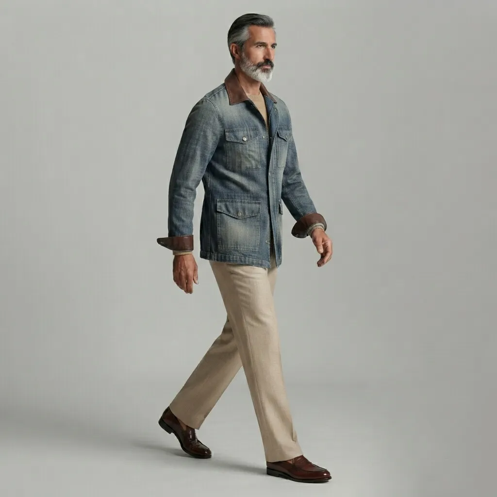 para hombre vintage Multi-Pocket PU Leather Patchwork Turndown Collar con cierre Denim chaqueta