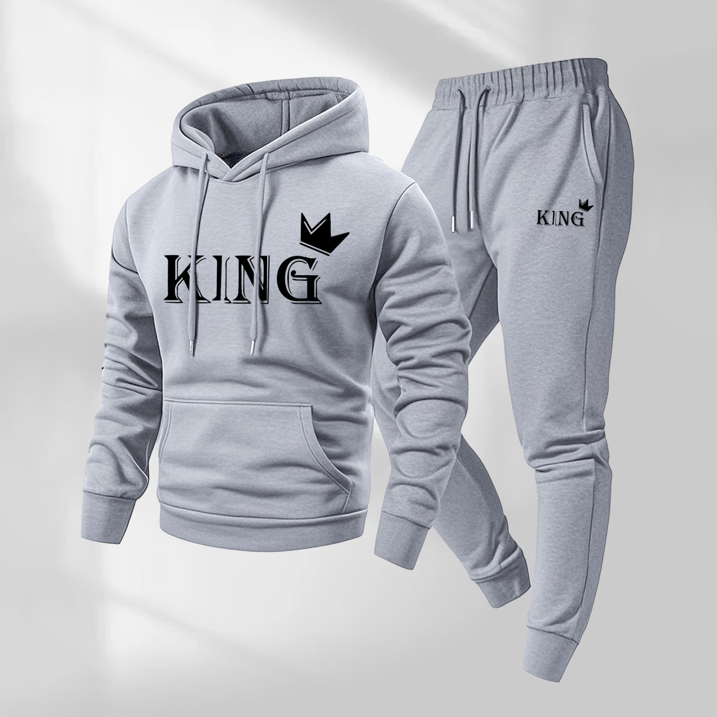Sudadera con capucha King Pattern estampado and Drawstring Sweatpantalón Set, Menswear, casual Athletic de manga larga Hooded chaqueta & Trousers for Fall & Winter, Clothing for para uso diario Wear, Sportswear Indoor para exterior, Tracksuit, Athleisure para hombre