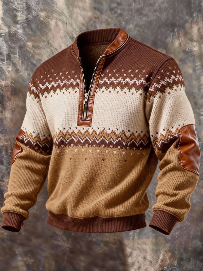 Sudadera casual retro Contrast Color Half Zip Stand cuello de manga larga para hombre