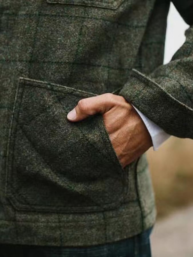 Chaqueta retro a cuadros para exterior bolsillo solapa de manga larga para hombre