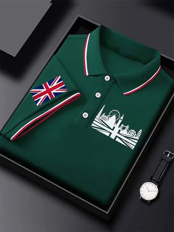 Camisa polo UK gráfico estampado de manga corta ejecutivo para hombre