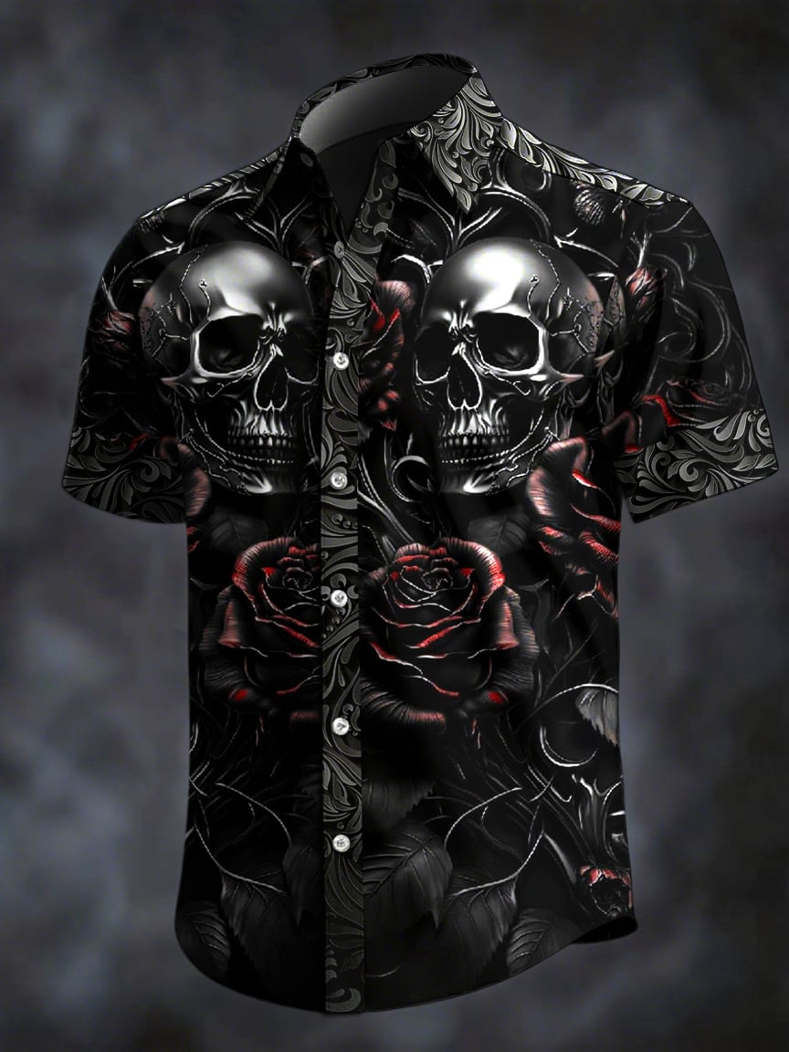 Camisa retro Horror Skull estampado solapa de manga corta para hombre