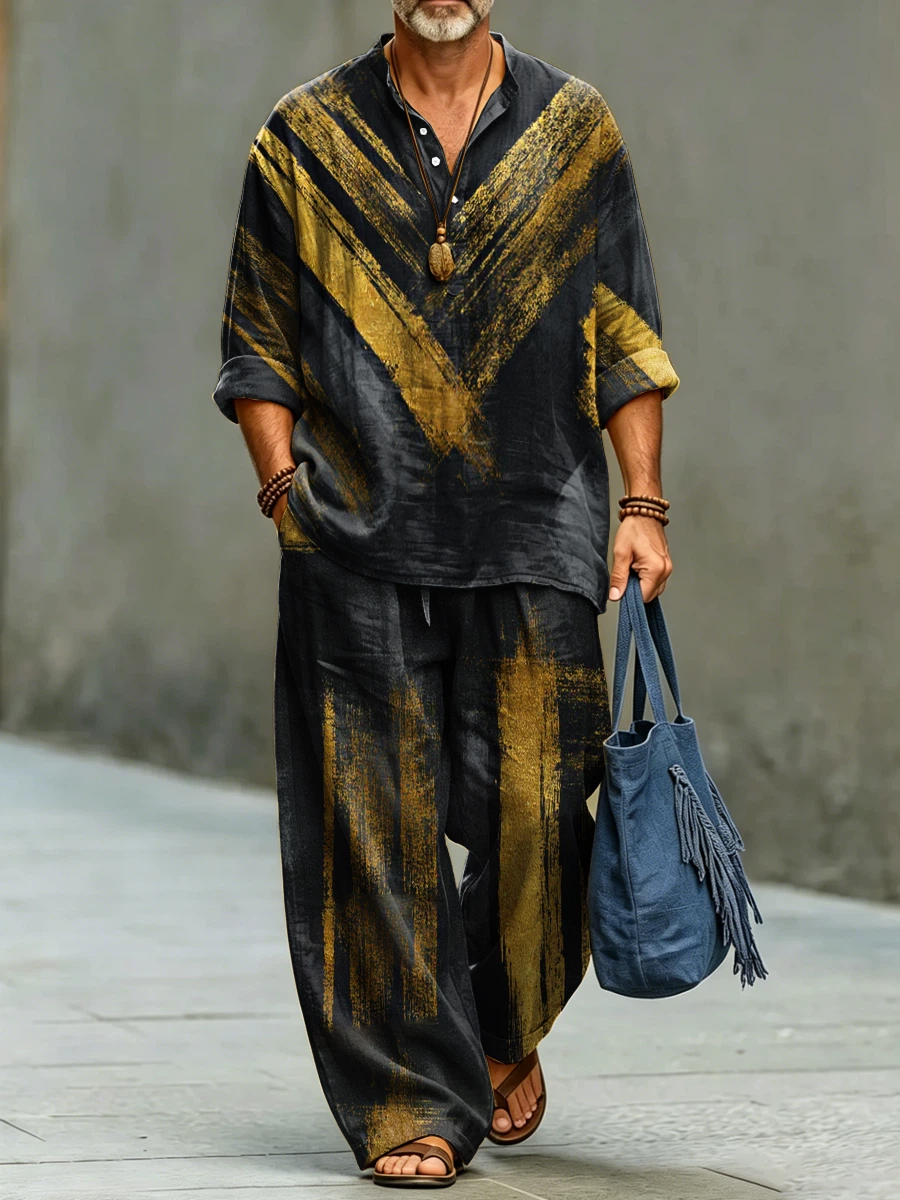 para hombre de modaable Abstract Stripe Art Print de algodón camisa Set
