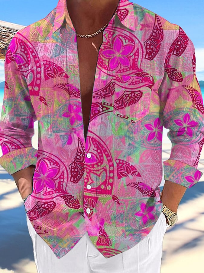 Camisa casual Hawaiian Turtle estampado Lapel para hombre