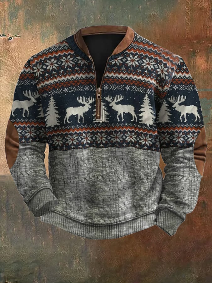 Sudadera retro Christmas estampado Zip cuello para hombre