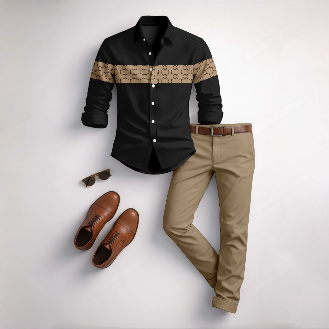 Conjunto de dos piezas casual Black a cuadros Color Matching Geometric estampado de manga larga camisa & Trousers para hombre