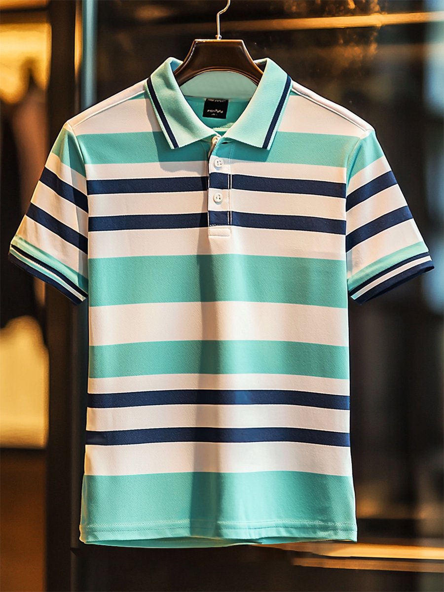 Camisa polo ejecutivo casual rayas estampado Button de manga corta para hombre