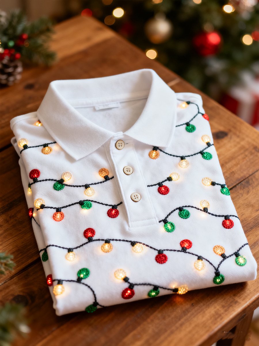Camisa polo ejecutivo Christmas Lights Button de manga larga para hombre