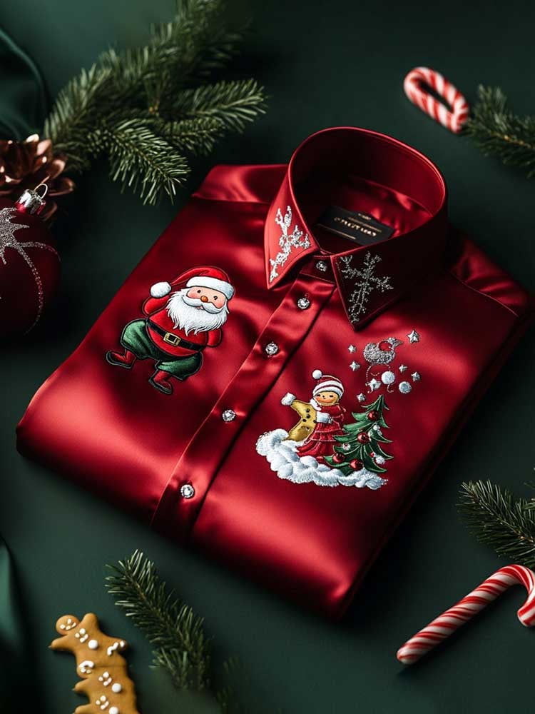 Camisa Christmas satén Luxe de manga larga con botones para hombre