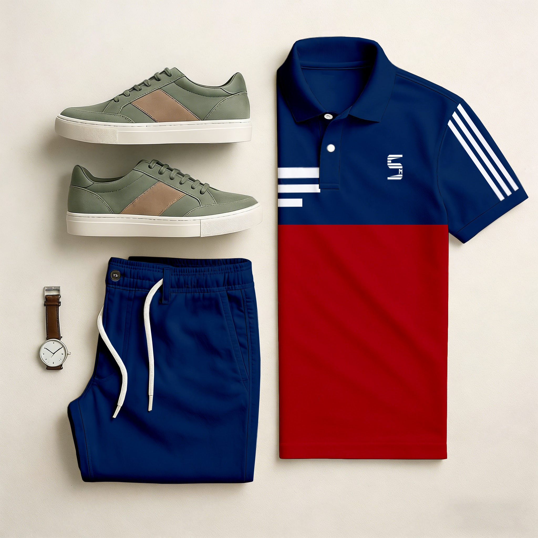 Conjunto de dos piezas casual Royal Blue & Red Color Matching a rayas estampado de manga corta camisa polo & Trousers para hombre