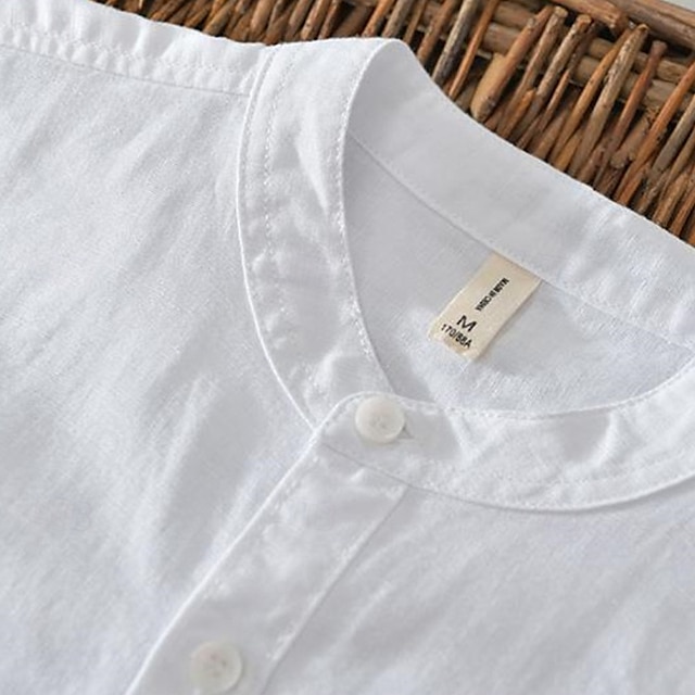 Camisa de lino camisa casual camisa Button Up camisa de algodón camisa Plain Vacation Hawaiian White Navy Blue Khaki Gray de manga larga Band Collar Spring Fall Clothing Apparel con botones para hombre