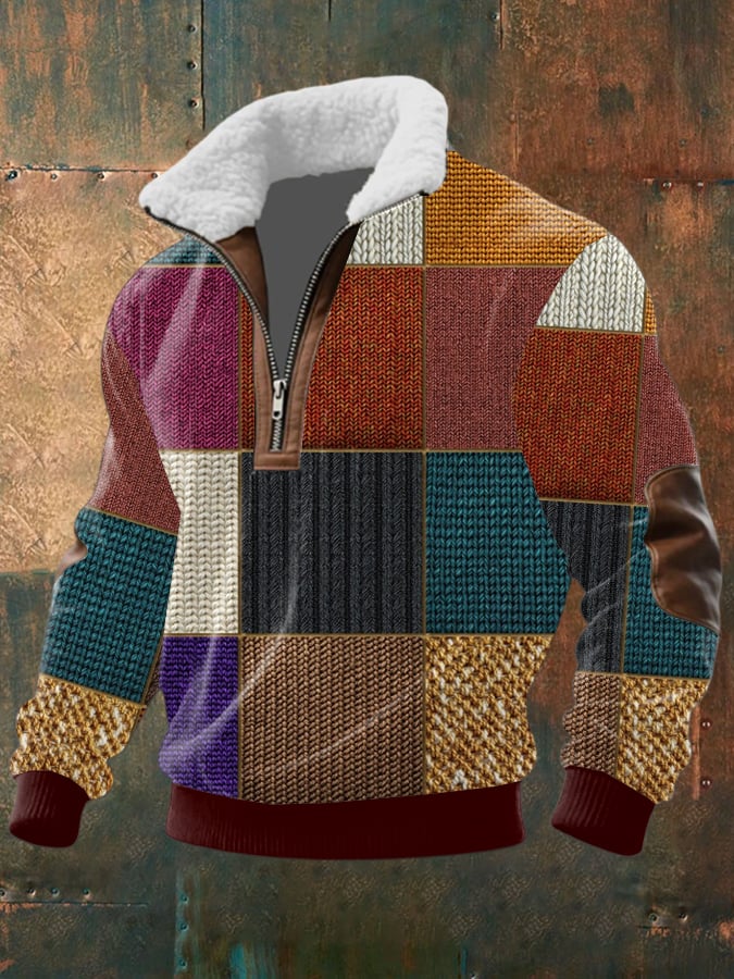 Sudadera retro estampado Half Zip solapa para hombre