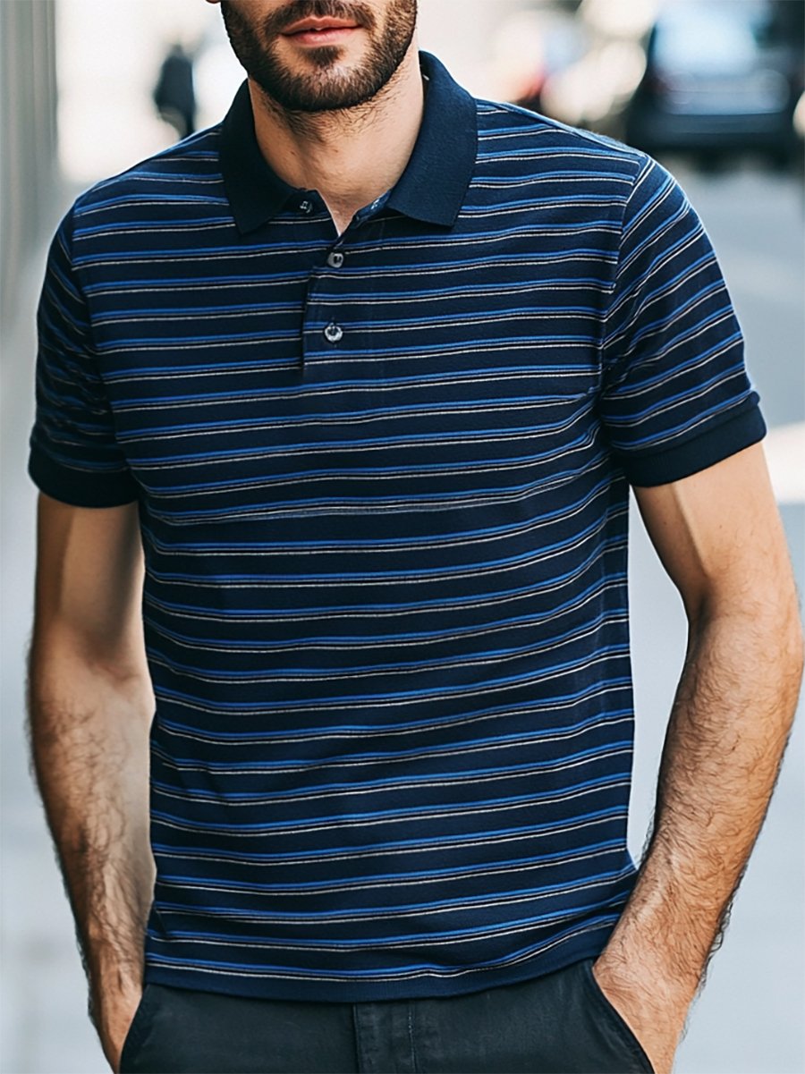 Camisa polo casual ejecutivo rayas estampado con botones de manga corta para hombre