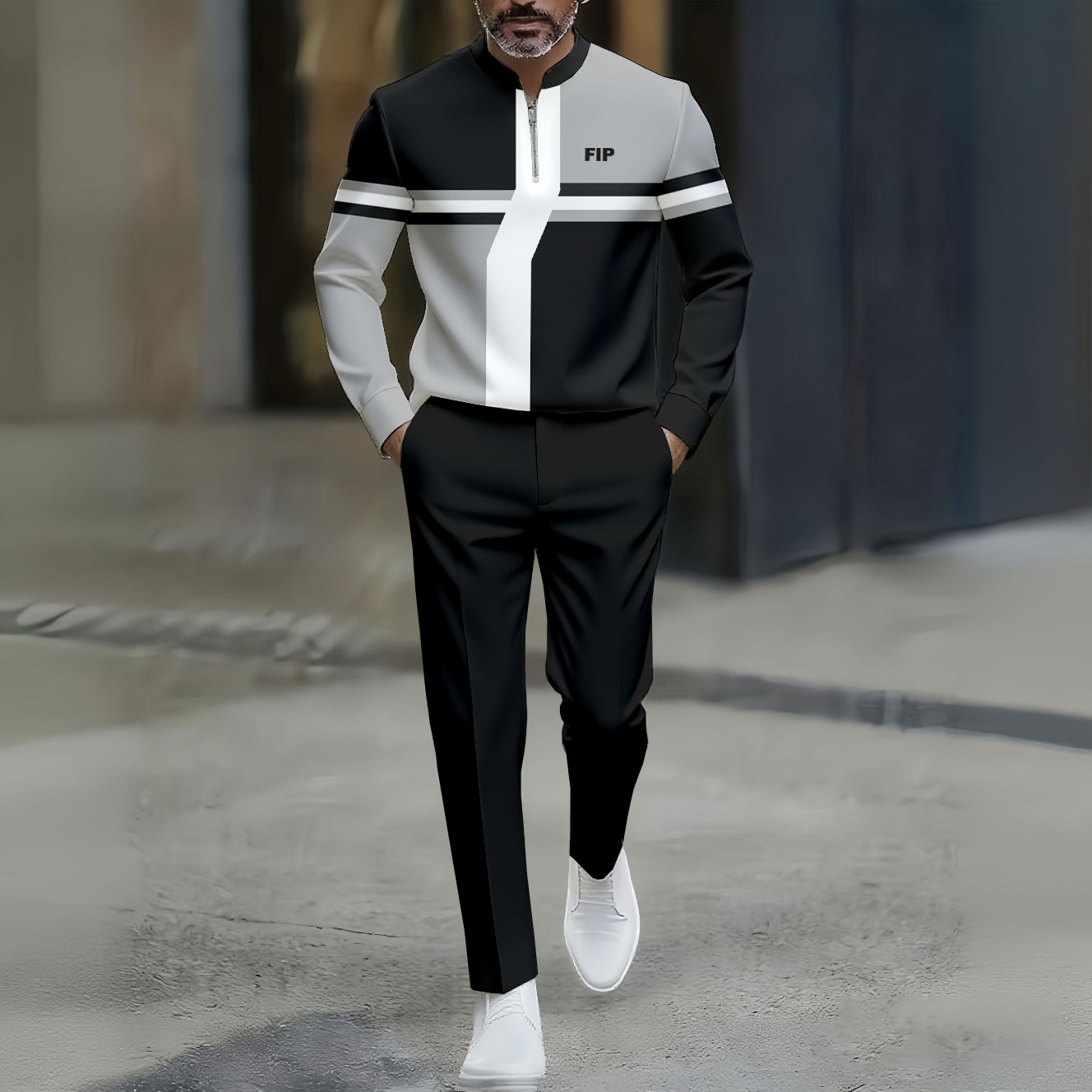 Conjunto de dos piezas casual Black Gray White Color Matching Geometric estampado Round-Neck Zipper de manga larga Trousers para hombre