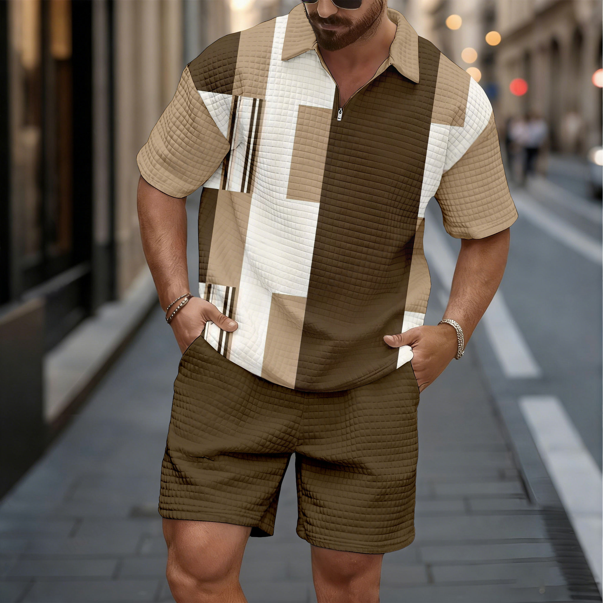 Conjunto de dos piezas casual Khaki & White Geometric Pattern de manga corta camisa And shorts para hombre