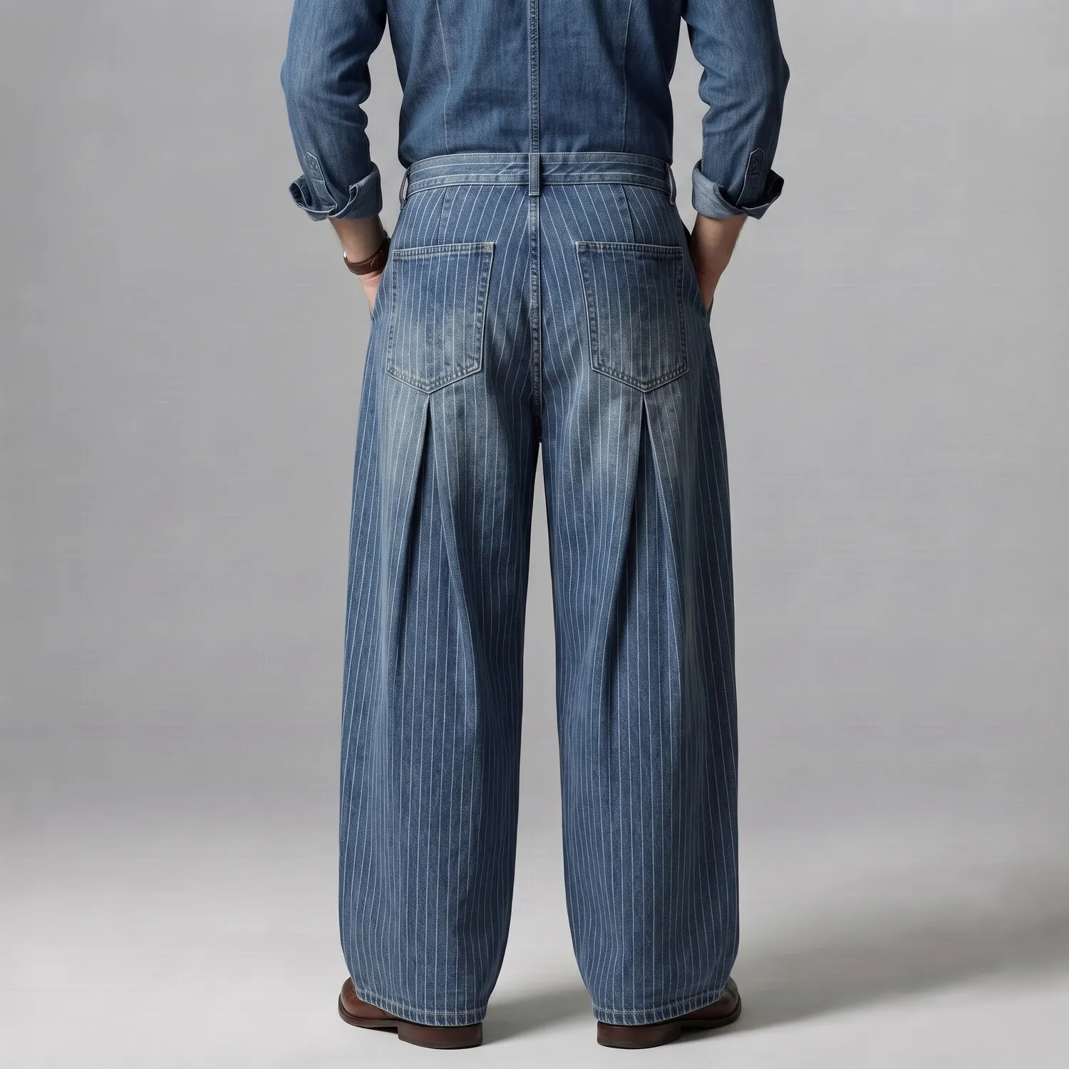 para hombre Pinstripe Pattern Slant Pocket Pleated Wide Leg Denim pantalón