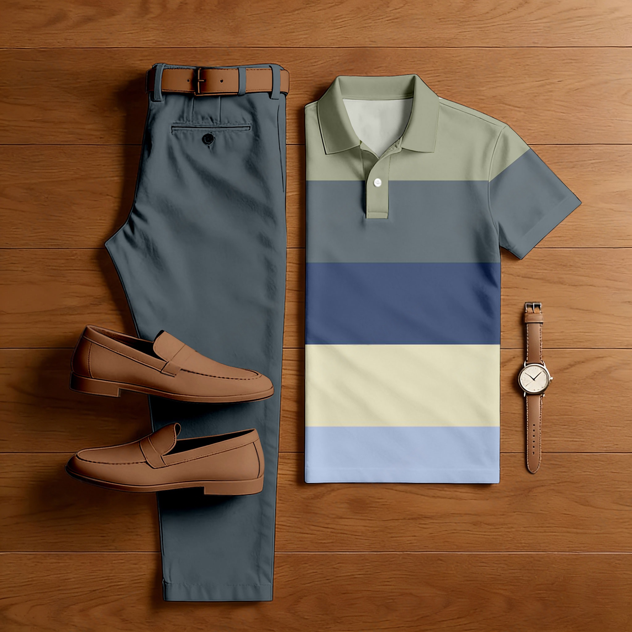 Conjunto de dos piezas casual Khaki Gray Color Matching a rayas estampado de manga corta camisa polo & Trousers para hombre