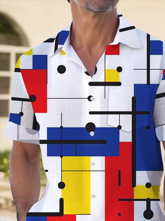 Camisa Geometric estampado de moda Lapel de manga corta