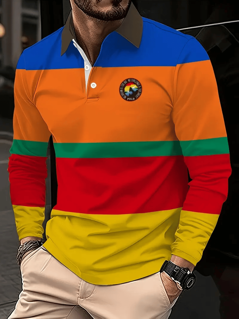 Camisa polo retro ejecutivo rayas estampado de manga larga para hombre