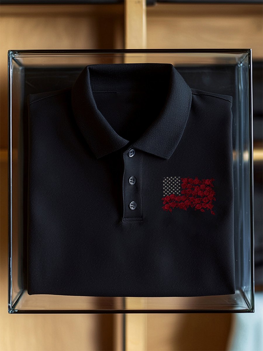 Camisa polo Independence Day Flag Rose Button de manga corta para hombre