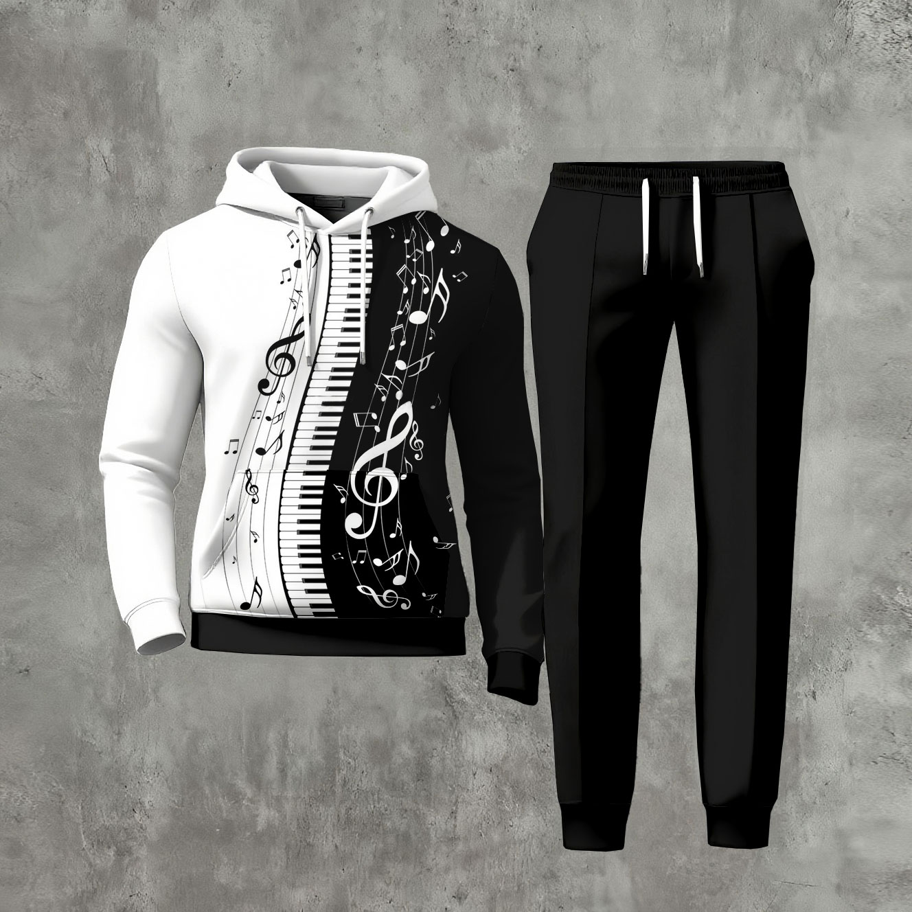 Conjunto de dos piezas casual Black And White Piano Sheet Music estampado de manga larga sudadera con capuchas sudadera & Trousers para hombre