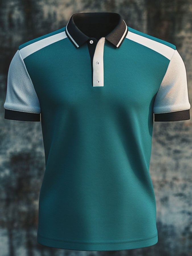 Camisa polo casual clásico Contrast Color estampado ejecutivo de manga corta para hombre
