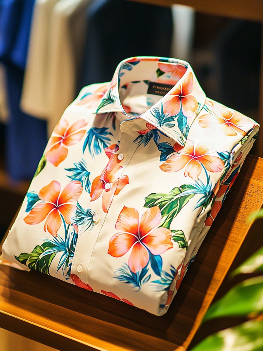 Camisa satén Luxe hawaiano estampado de manga corta Button para hombre