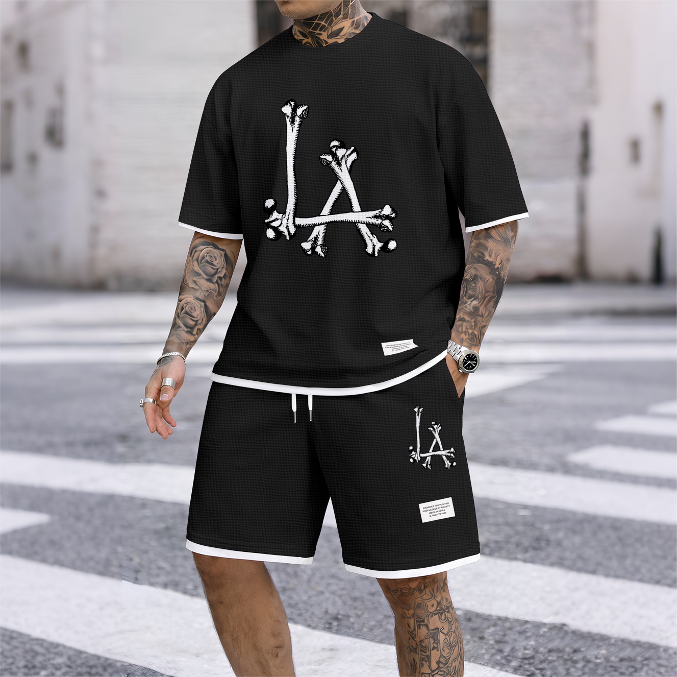 Camisa Streetwear Skeleton estampado Waffle Fabric de manga corta And shorts Set para hombre