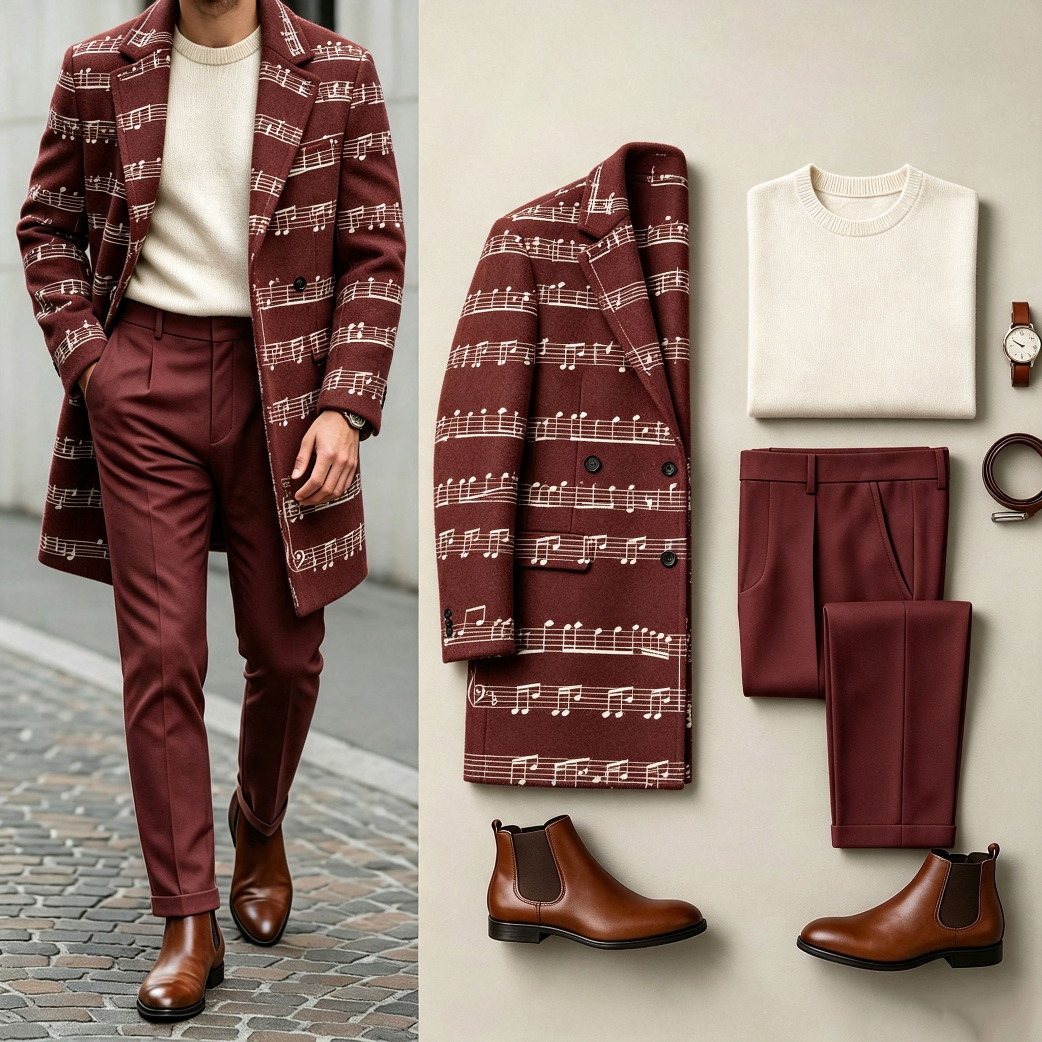 para hombre Red Three-Piece Set: Mid-Length Wool Coat, Crew-Neck Sweater, and Flowy Dress pantalón