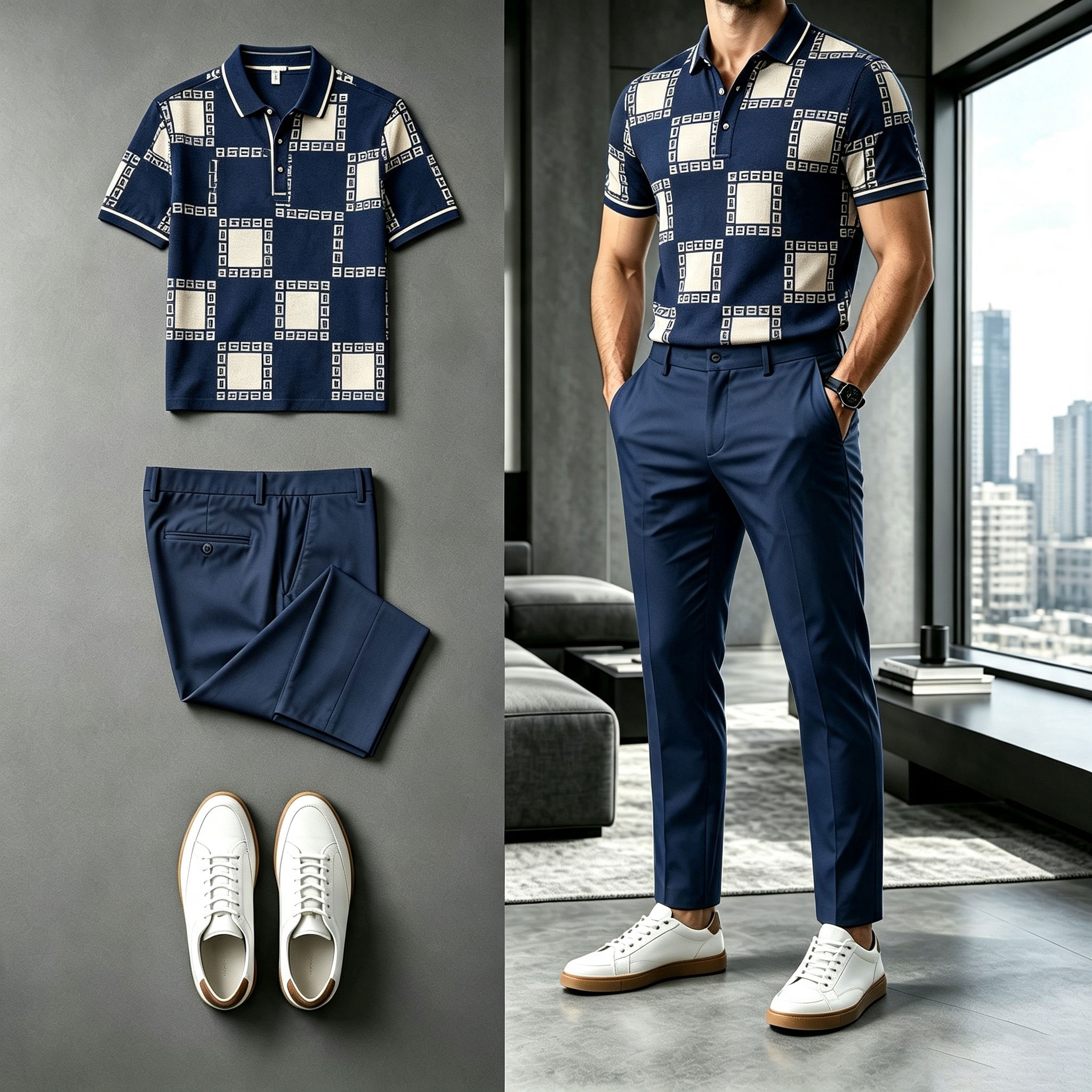 para hombre Checkered de manga corta camisa polo and pantalón Set