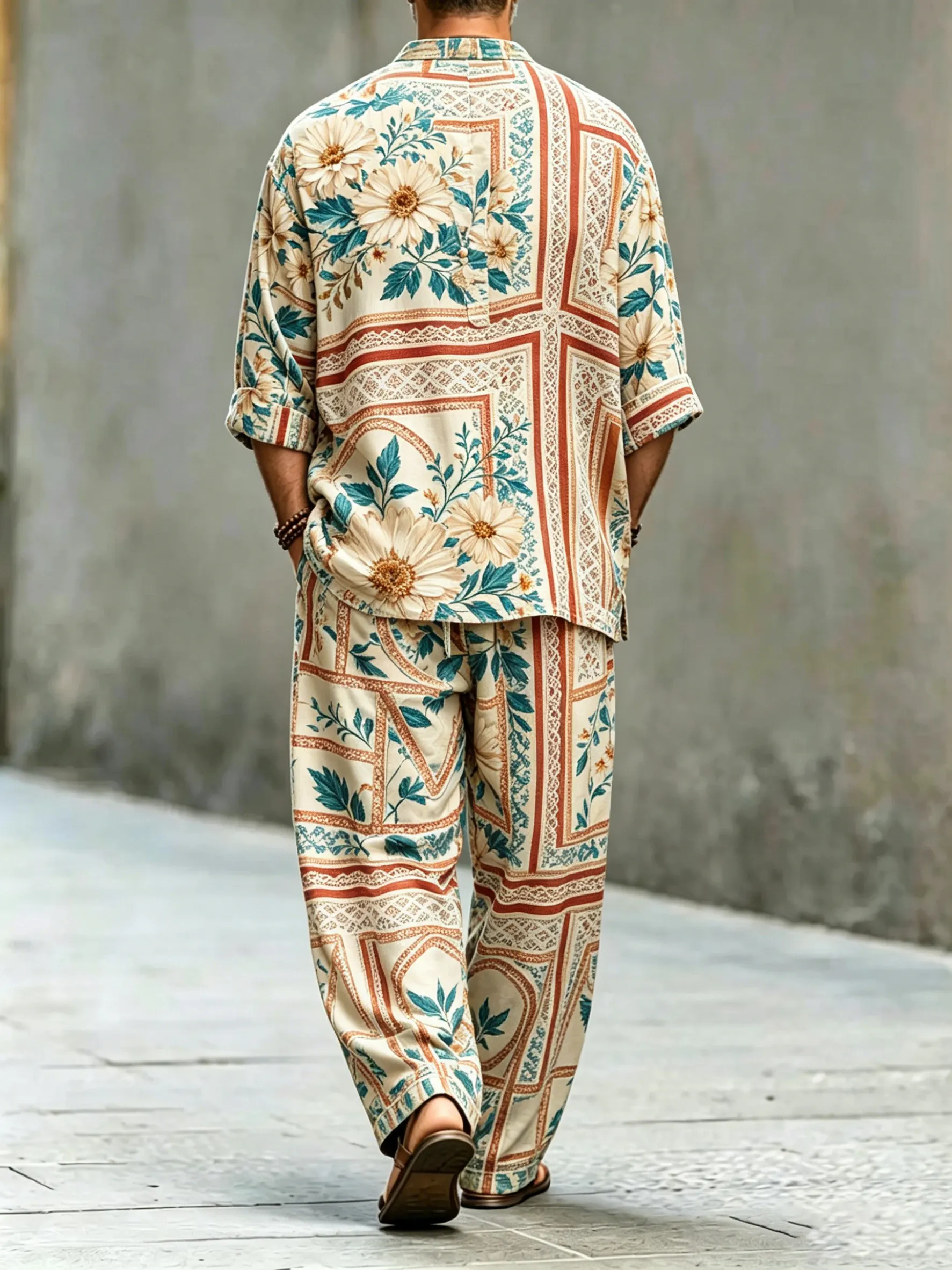 para hombre vintage Abstract Art estampado de algodón camisa Set (Top & pantalón)