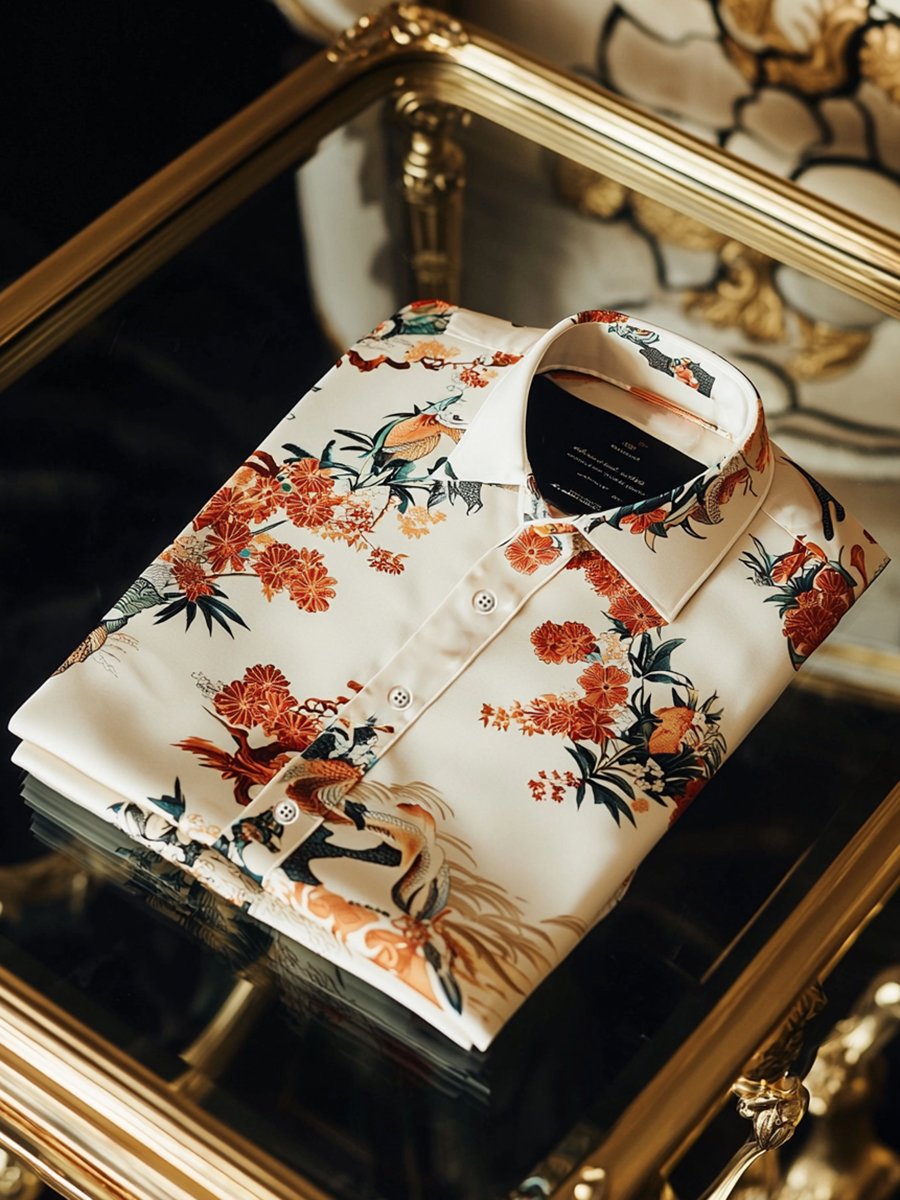 Camisa satén Ukiyo-E de lujo ejecutivo de manga larga para hombre
