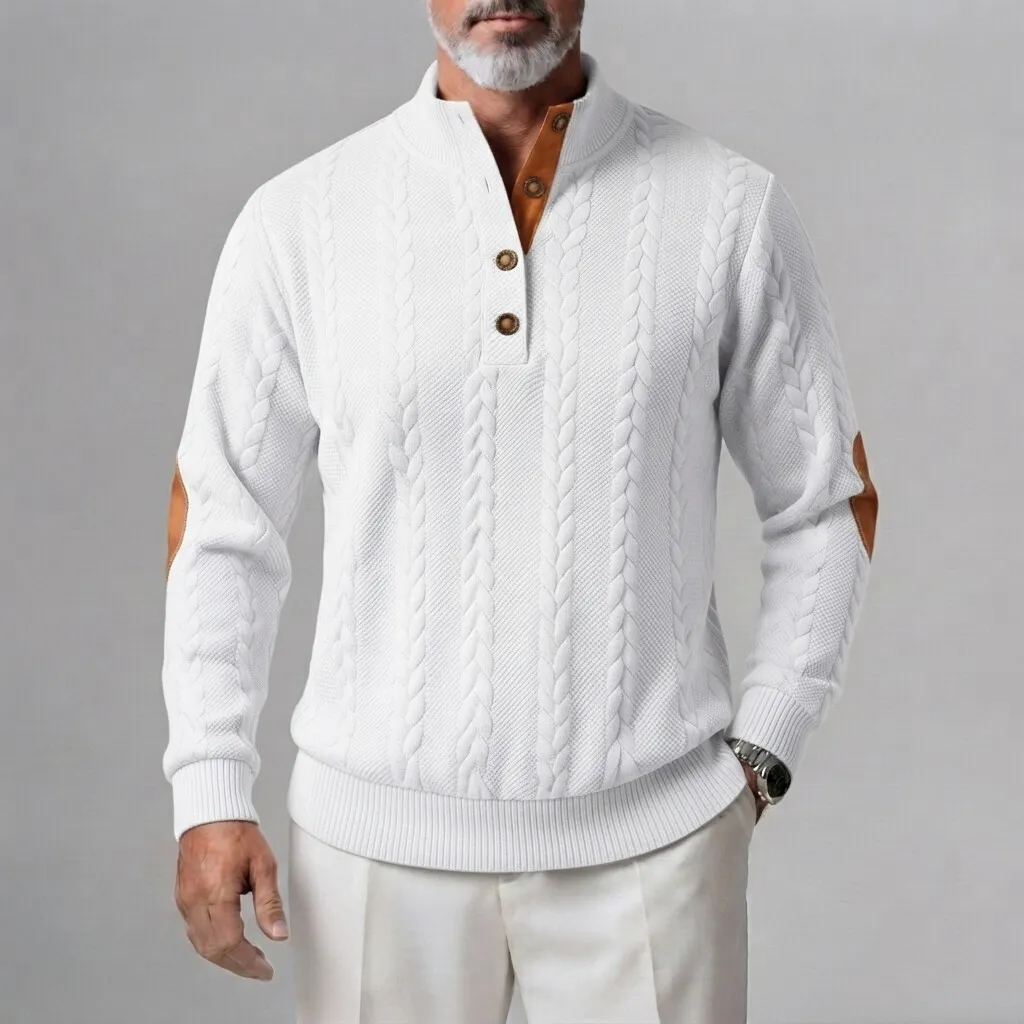 Sudadera Cable tejido Button Half Placket Stand Collar Patchpara trabajo para hombre