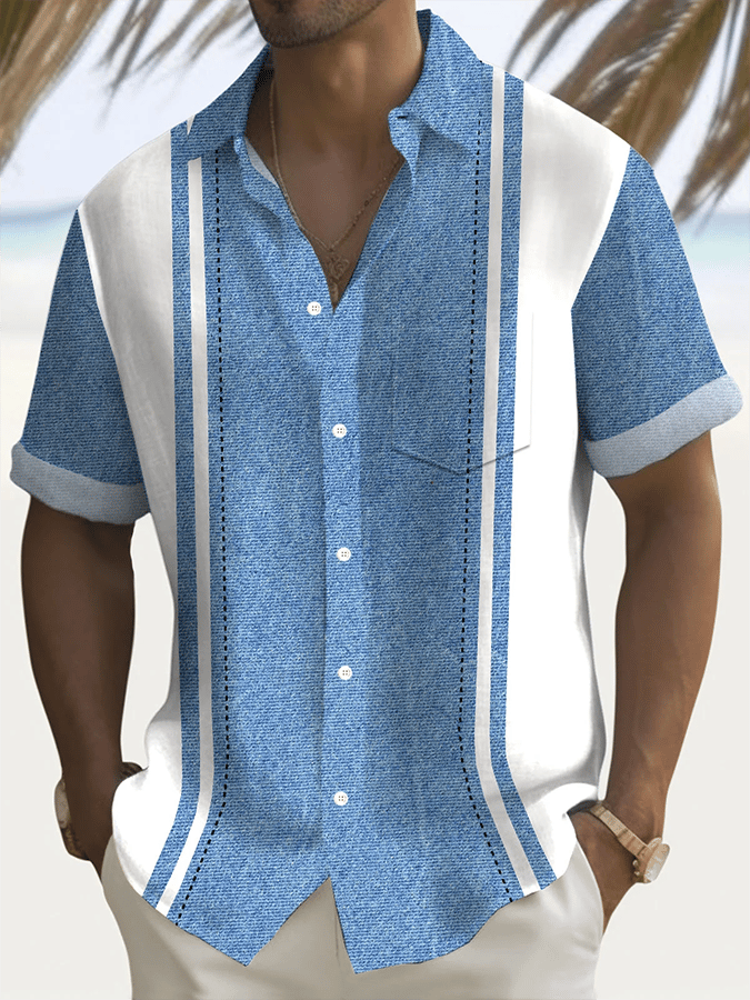 Camisa retro Textured Contrast estampado casual (With Pockets) para hombre