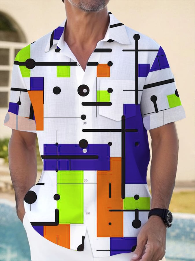 Camisa Geometric estampado de moda Lapel de manga corta